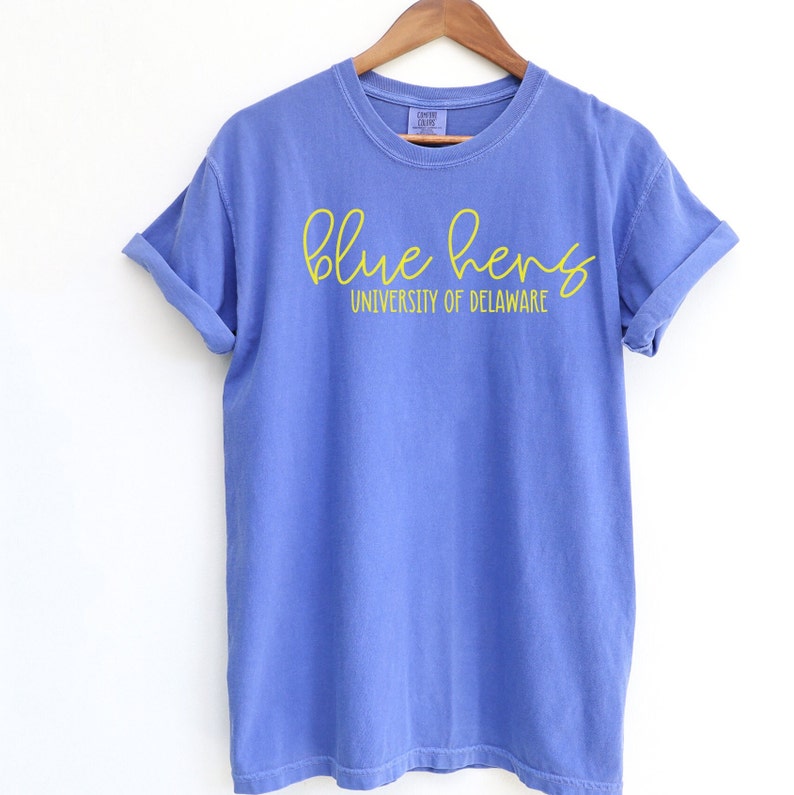 May include: A blue t-shirt with the words "blue hens" and "University of Delaware" in yellow lettering.