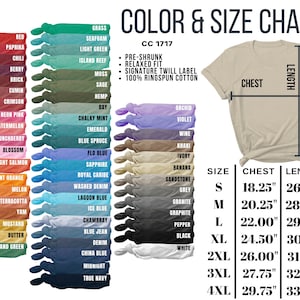 May include: Color and size chart for t-shirts. The chart shows 36 different colors of t-shirts, along with the measurements for each size: S (18.25 inches chest, 26.63 inches length), M (20.25 inches chest, 28.00 inches length), L (22.00 inches chest, 29.38 inches length), XL (24.50 inches chest, 30.75 inches length), 2XL (26.00 inches chest, 31.63 inches length), 3XL (27.75 inches chest, 32.50 inches length), and 4XL (29.75 inches chest, 33.50 inches length). The t-shirts are pre-shrunk, relaxed fit, and made of 100% ringspun cotton.