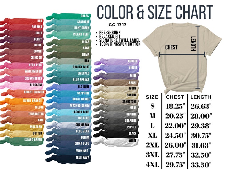 May include: Color and size chart for t-shirts. The chart shows 36 different colors of t-shirts, along with the measurements for each size: S (18.25 inches chest, 26.63 inches length), M (20.25 inches chest, 28.00 inches length), L (22.00 inches chest, 29.38 inches length), XL (24.50 inches chest, 30.75 inches length), 2XL (26.00 inches chest, 31.63 inches length), 3XL (27.75 inches chest, 32.50 inches length), and 4XL (29.75 inches chest, 33.50 inches length). The t-shirts are pre-shrunk, relaxed fit, and made of 100% ringspun cotton.
