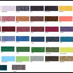 May include: A color chart displaying various glitter colors, including white, black, gold, and shades of blue, green, and pink. The word "Glitter" is at the top. Each color is presented in a small rectangular swatch for easy selection.