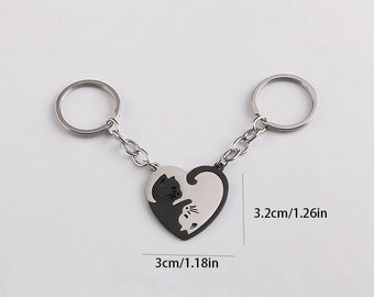 Matching Cat Keychain Set: Stainless Steel Heart Keychains, Couple Gift
