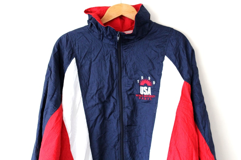 Red Blue White Tracksuit USA Windrunner Activewear Men/'s LXL Shiny Jacket Rare Top Full Zip Sweatshirt Vintage 90/'s Windbreaker