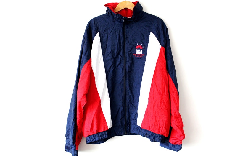 Red Blue White Tracksuit USA Windrunner Activewear Men/'s LXL Shiny Jacket Rare Top Full Zip Sweatshirt Vintage 90/'s Windbreaker