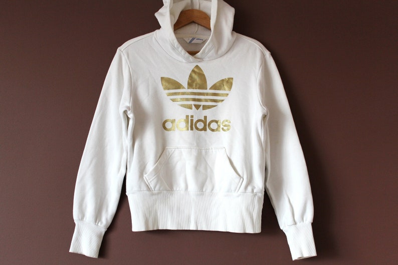 white gold adidas sweatshirt vintage adidas hoodie big logo | etsy