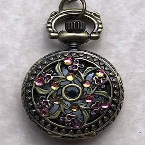Pocket Watch Necklace Crystal Brass Flowers