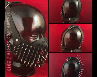Handgemachte schwarze Leder Gunmetal Schwarz Silber Super Spiked Halbmaske