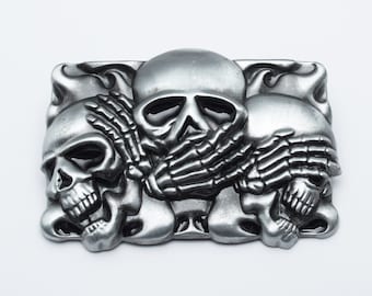 Skull Belt Buckle | Hear No Speak No See No Evil | Gothic Fashion Punk Metal