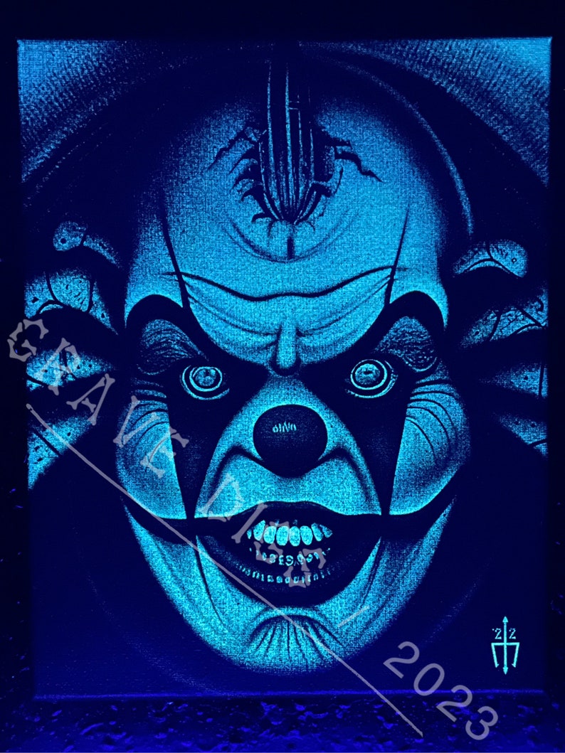 Evil Clown Original Glow In The Dark Canvas Wall Art Handmade Gothic Skull Home Decor image 2
