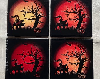 Halloween Tile Coaster Set of 4 | Ceramic Etched | Gothic Handmade Home Decor