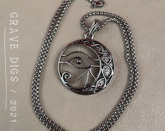 Eye of Ra Crescent Moon Pendant Necklace | Silver or Black Chain | Gothic Fashion Jewelry