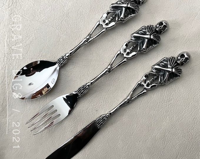 Featured listing image: Skeleton Flatware Set | 1 Spoon + 1 Fork + 1 Knife Kitchen Tableware | Gothic Halloween Silverware