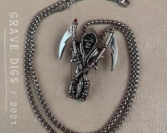 Grim Reaper Double Scythe Pendant Necklace | Silver or Black Chain | Gothic Fashion Jewelry