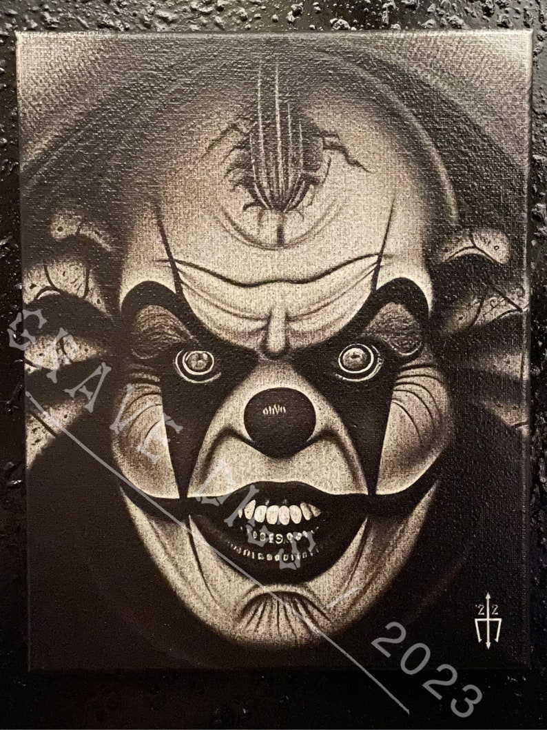 Evil Clown Original Glow In The Dark Canvas Wall Art Handmade Gothic Skull Home Decor image 1