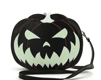 Sugar Skull Jack-o-Lantern Shoulder Crossbody Bag In Vinyl Glow In The Dark | Cute Dark Gothic