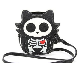 Sugar Skull Cat Shoulder Crossbody Bag In Vinyl Glow In The Dark | Cute Dark Gothic