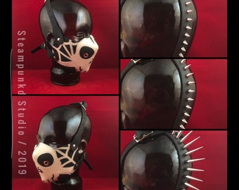 Handmade Black White Leather Skull and Spider Web Half Mask