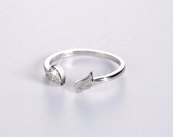 Heart Shape Angel Wing Sterling Silver Adjustable Ring Jewelry R09
