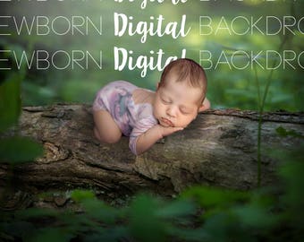 May include: A newborn baby sleeping on a log in a forest setting. The baby is wearing a pink and white floral onesie. The background is blurred and green.