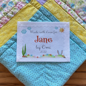 Große personalisierte Nähetiketten Personalisierte Quilt Label Benutzerdefinierte Rosa Stoff Quilts Muster Baby-shower Baby Kaninchen, Kaninchen, Baby Boy