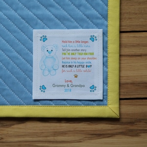 Etichette grandi per trapunte / Etichette personalizzate per cucire / orso, blu / Etichette fatte a mano / Etichette con dati di nascita / neonata, ragazzo, regalo, trapunta