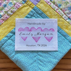 Large Personalized Sewing Labels, Handmade Quilt Label, Quilt Block Labels, Cut-Out Labels, Heart Quilt Patch, knitting, Free Shipping