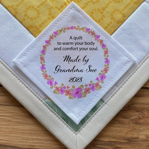 Etiquetas grandes para colchas, etiquetas para mantas, etiquetas para colchas, etiquetas para coser, etiquetas para tejer, etiquetas para colchas personalizadas, día de la madre, corona, verde
