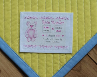 Large Teddy Bear Quilt Labels | Knitting labels | Fabric Sewing Labels | girl, pink, boy | baby shower, birthday, gift | Blanket Label