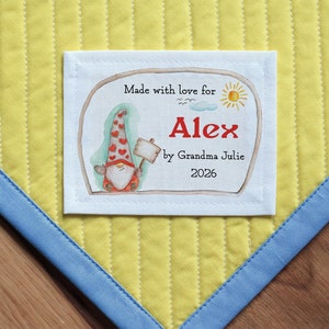 Grandes etiquetas de costura personalizadas / Etiquetas de edredón personalizadas / Etiquetas de tela personalizadas / Etiqueta de estadísticas de nacimiento de bebé, Gnomo, Amor, Corazón