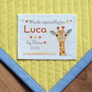 Etiquetas de edredón grandes, etiquetas de costura / etiquetas de edredón personalizadas, bebé niño, parche de manta de niña, etiquetas de punto, animales africanos, jirafa