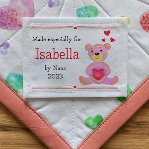 Benutzerdefinierte Baumwolletiketten, Stricketikett, personalisierte Etiketten, Quilt Label, Quilts Patch, Geburt Stats, rosa Teddybär