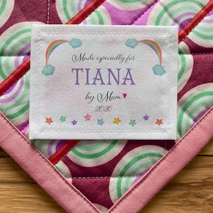 Grandes etiquetas de costura personalizadas etiqueta de colcha personalizada tecido rosa colchas padrões chá de bebê bebê princesa fada menina arco-íris