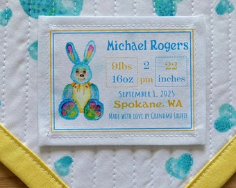 Large Baby Birth Stats Quilt Label, Personalized, Knitting, Quilt Labels, Quilt Patch | rabbit, baby, boy, girl, Baby Shower, Crib Quilt