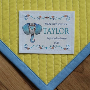 Gratis verzending gepersonaliseerde labels, gepersonaliseerde quiltlabels, stoffenlabels, boho, olifant, quiltpatch, breilabels, babyjongen, blauw