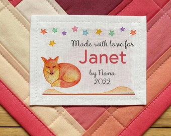 Quilt Labels, Personalized Quilt Labels, Quilt Patch, Custom Fabric Labels, Blanket Labels, knitting labels, fox, forest animals, baby gifts