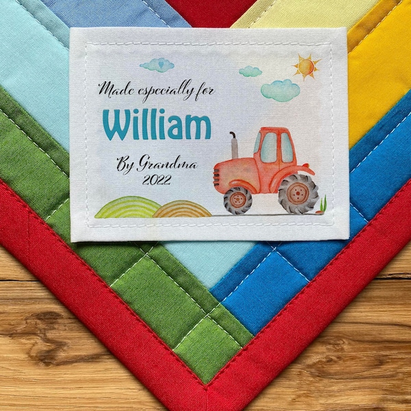 Large Quilt Labels, Sewing Labels | Personalized Quilt Labels, baby boy, girl Blanket Patch, knitting labels, tractor, farm animals