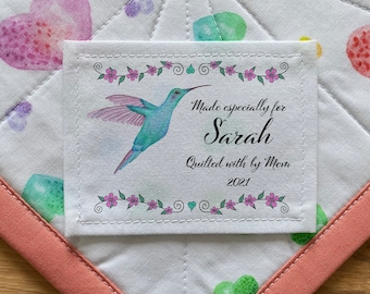 Personalized Sewing Labels, Personalized Quilt Labels, Fabric Labels, Cut-Out Labels, Quilt Patch | knitting labels, hummingbird art