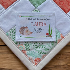 Large Personalized Sewing Labels Personalized Quilt Label Custom Fabric Quilts Patterns Baby-shower Baby Hedgehog Forest Animals Woodland