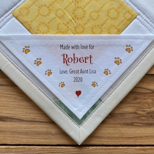 Triangle Quilt Label Personalized Sewing Quilt Labels Handmade Cut-Out Labels Corner Quilt Patterns dog paws Woodland Animals