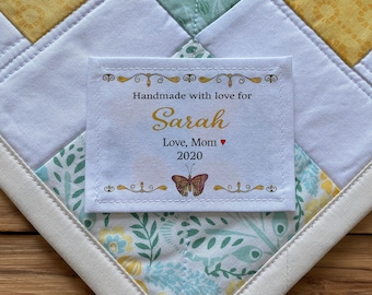 Etiquetas de costura personalizadas, Etiquetas de manta, Etiquetas de edredón, Etiqueta de tela personalizada, Etiquetas recortadas, regalos de cumpleaños, fiesta, mariposa