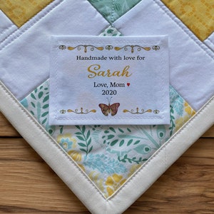 Etichette da cucito personalizzate, etichette per coperte, etichette per trapunta, etichette in tessuto personalizzate, etichette ritagliate, regali di compleanno, feste, farfalle