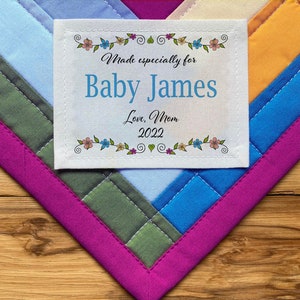 Etiquetas de costura personalizadas grandes, etiquetas para colchas, etiquetas de tela personalizadas, etiquetas recortables, etiquetas con información de nacimiento, colchas para bebé, flores, bosque