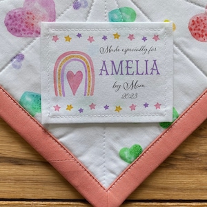 Grandes etiquetas de costura personalizadas etiqueta de colcha personalizada tecido rosa colchas padrões chá de bebê bebê princesa fada menina arco-íris