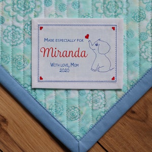 Groot quiltlabel | Gepersonaliseerde naailabels | Quiltlabels, aangepaste labels | babyshower, cadeau, olifant, jongen, meisje, geboortestatistiekenlabel