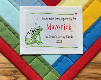 Large Quilt labels | Blanket Label, Personalized Quilt Labels, Sewing Labels, Custom Labels, Cut-Out Labels, Quilt Pattern, Frog, Birthday