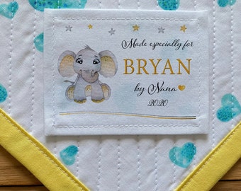 Large Personalized Sewing Labels Personalized Quilt Custom Fabric Labels  Birth Stats Label baby elephant forest African animals