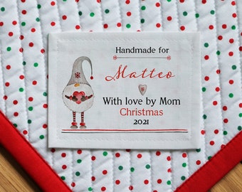 Free Shipping Personalized Sewing Labels, Personalized Quilt Labels, Christmas Labels, Quilt Patch, knitting labels, red, gnome