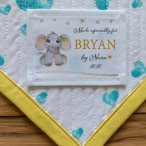 Grandes etiquetas de costura personalizadas Edredón personalizado Etiquetas de tela personalizadas Etiqueta de estadísticas de nacimiento bebé elefante bosque animales africanos