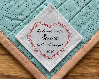Large Quilt Labels | Personalized Sewing Labels | Personalized Quilt Labels | Handmade Labels | Birth Stats | Cut-Out Labels Heart