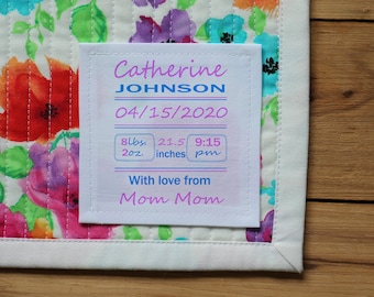 Quilt Labels, Large Sewing Labels, Fabric labelsQuilt Patch, Custom Labels, Baby Birth stats, knitting labels, baby shower, baby, boy, girl