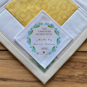 Etiquetas de edredón personalizadas grandes Etiquetas de costura de manta Etiqueta de punto Patrones de edredón personalizados Día de las Madres Corona de boda Verde Evergreen